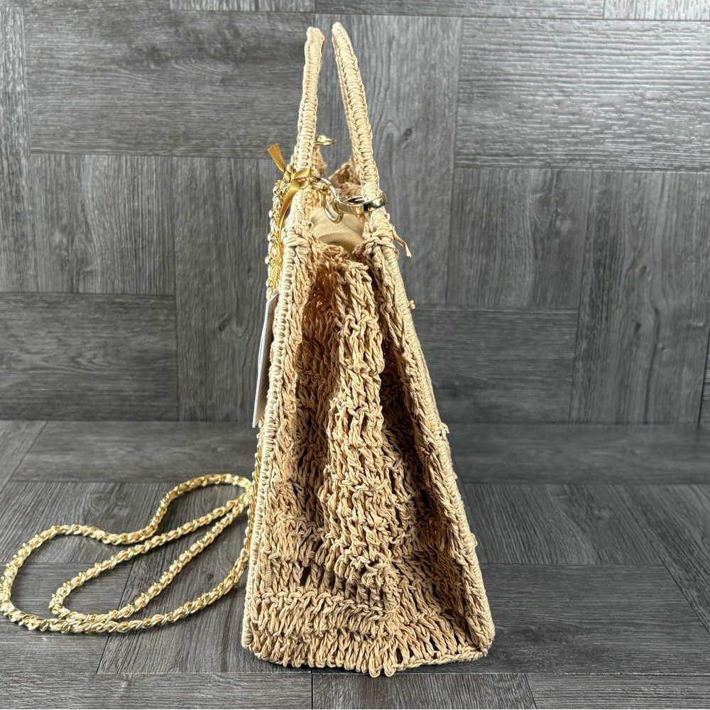 House Of Harlow 1960 Tan Hand Woven Raffia Hand Bag Purse Gold Crossbody Strap - Picture 5 of 11